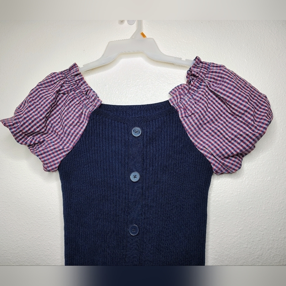 Maeve By Anthropologie PuffSleeved Navy Blue and Striped Button Front Dress Sz S - Picture 8 of 16